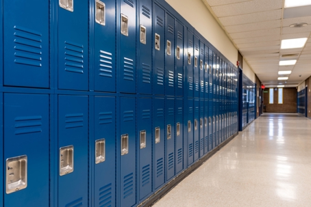 high school hallway and blue lockers